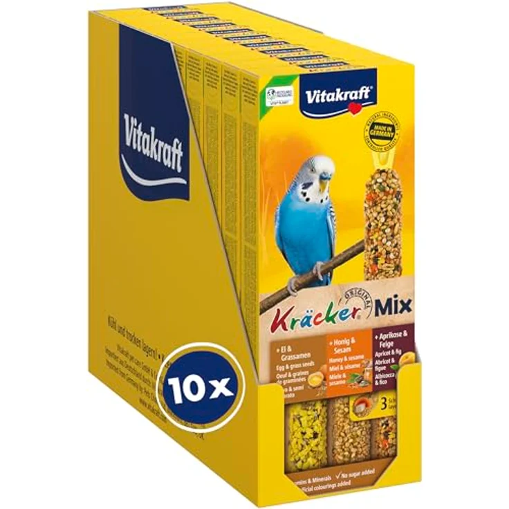 Vitakraft Kräcker Mix, Vogelsnack Knabberstangen, mit Ei, Grassamen, Aprikose, Feige, Honig und Sesam, zur Schnabelpflege, ohne Zuckerzusatz (10x 80g) – Bild 1
