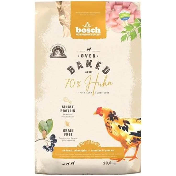 bosch HPC Oven Baked Huhn, Hundefutter für ausgewachsene Hunde, 70% Huhn, Single Animal Protein, grain-free, 10 kg – Bild 1