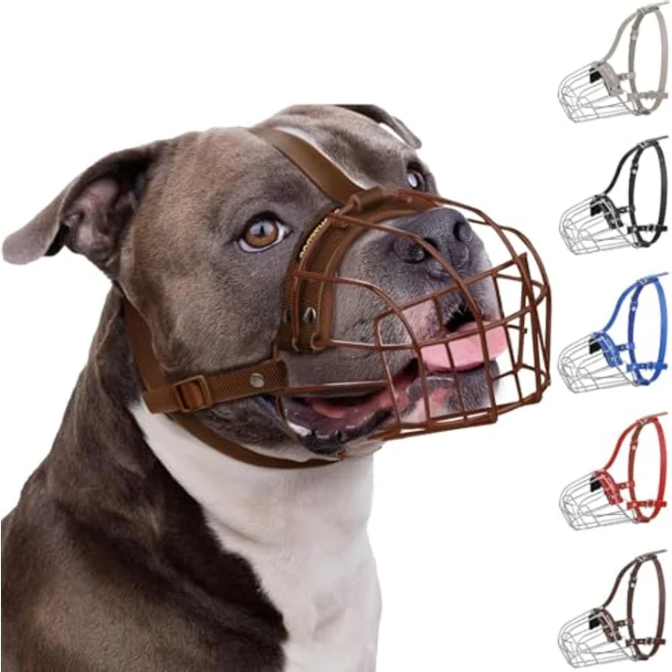 BRONZEDOG Metallmaulkorb für Pitbull, atmungsaktiv mit Neopren-Polsterung, verstellbare Nylonriemen, für große Hunde wie Amstaff und Staffordshire Terrier, in Braun – Bild 1