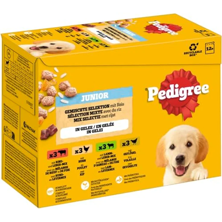 Pedigree DOGCARE Wet (Mixed) Chunks in Jelly, Junior, 12x100g Multipack, vollständiges Alleinfuttermittel mit natürlichen Zutaten und unterstützenden Vitaminen – Bild 1