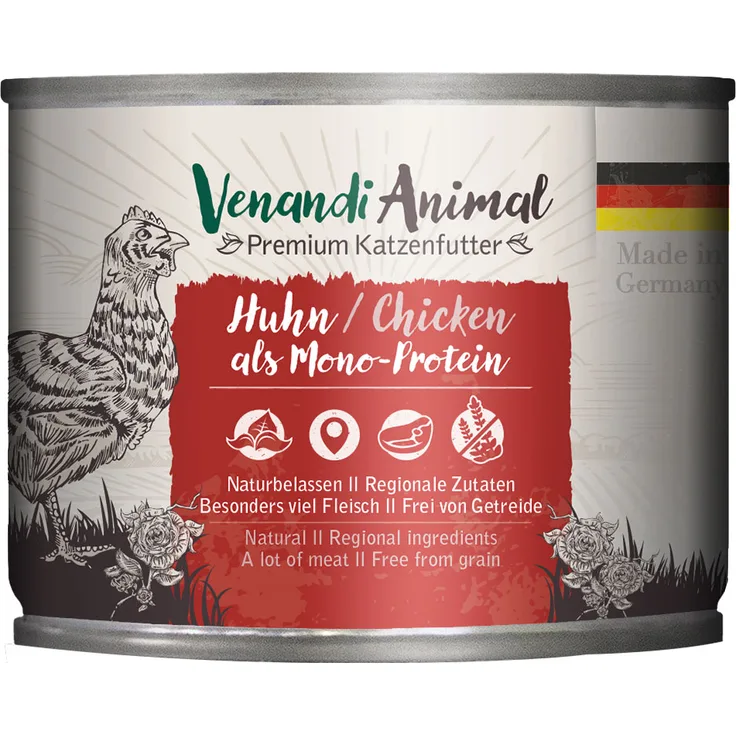 Venandi Animal Monoprotein Katzen-Nassfutter, Sparpaket 24 x 200 g Huhn, getreidefrei, ohne Zuckerzusatz, hochverdaulich