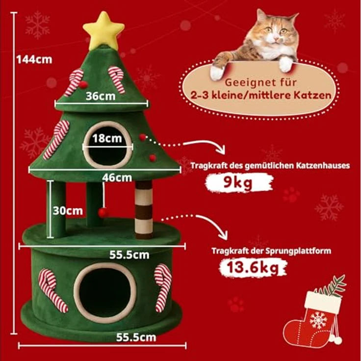 COMHOMA Kratzbaum im Weihnachtsbaum-Design, 144 cm hoch, mehrstöckiger Katzenbaum mit Katzenhaus, Spielbällen und stabilen Plattformen – Bild 6