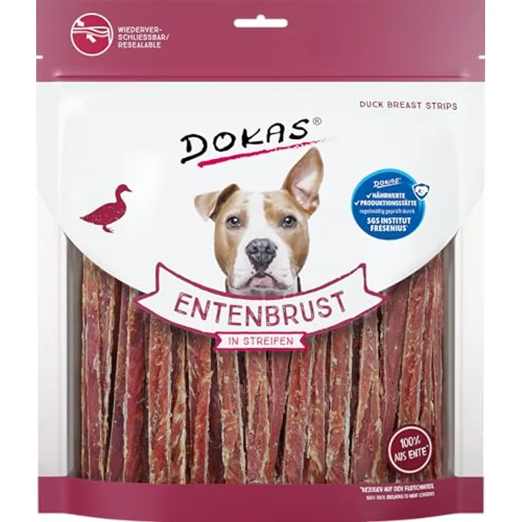DOKAS Getreidefreier Premium Snack in Streifen für Hunde – 100% Entenbrustfilet, 6er Pack, 500 g