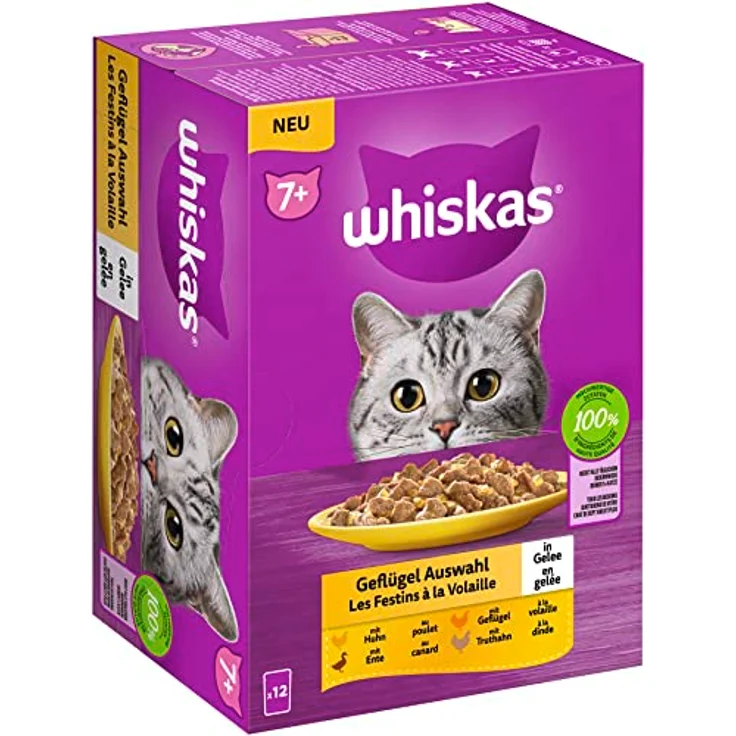 Whiskas 7+ Katzenfutter Geflügel Auswahl in Gelee, 12x85g – Hochwertiges Nassfutter für Katzen ab 7 Jahren mit 100 % hochwertigen Zutaten und ausgewogenem Mineralstoffgehalt – Bild 1