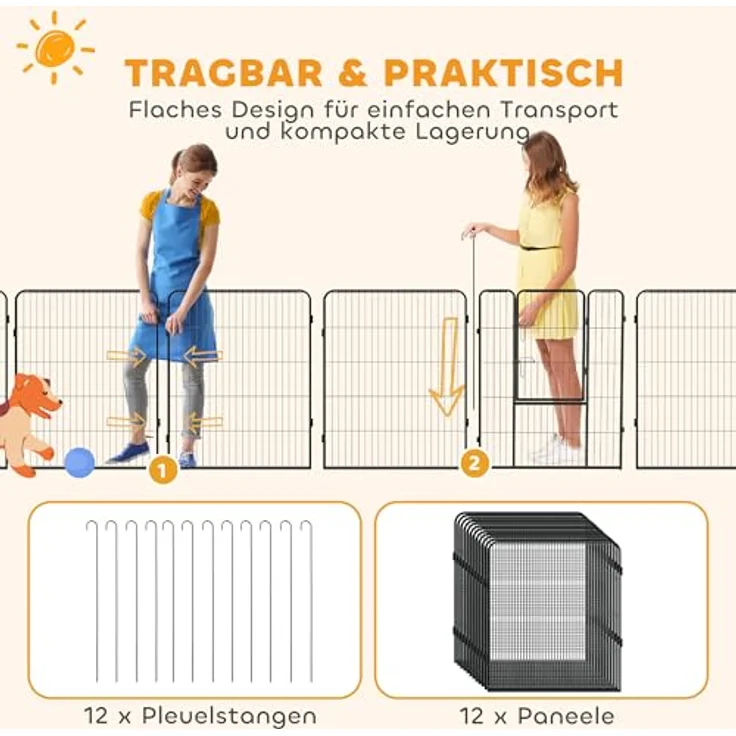 PawHut Welpenlaufstall Faltbar, 12-Teiliges, modulares Gehege für Mittlere Hunde, 100 cm, grau, inklusive Sicherheits-Türen und Erdspießen – Bild 5