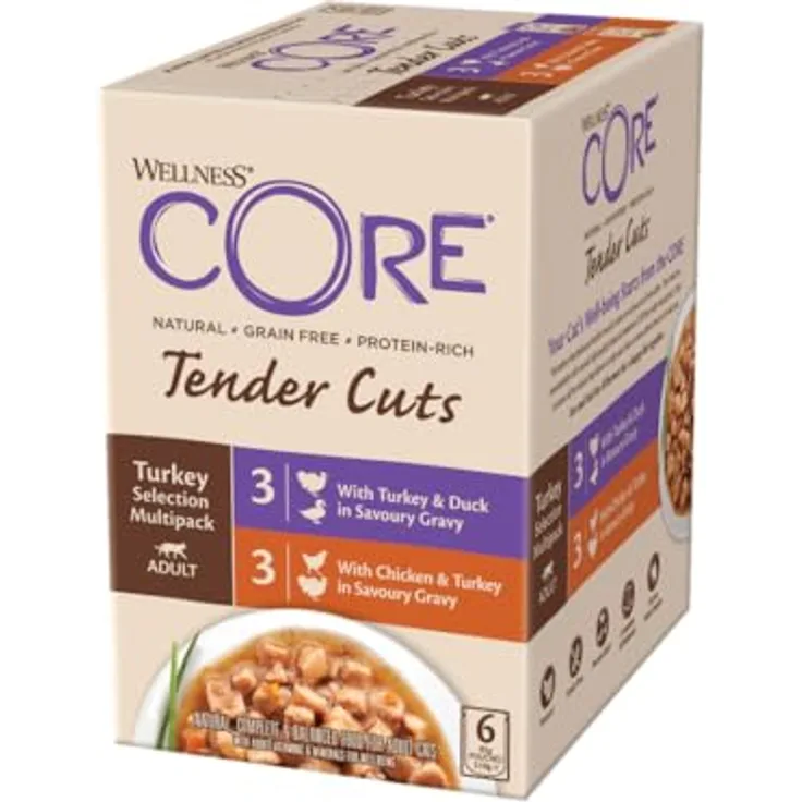 Wellness CORE Tender Cuts, Pute Selection Mix, 6 x 85 g, Premium Nassfutter für Katzen in Sauce, getreidefrei, ohne Zuckerzusatz, hoher Fleischanteil
