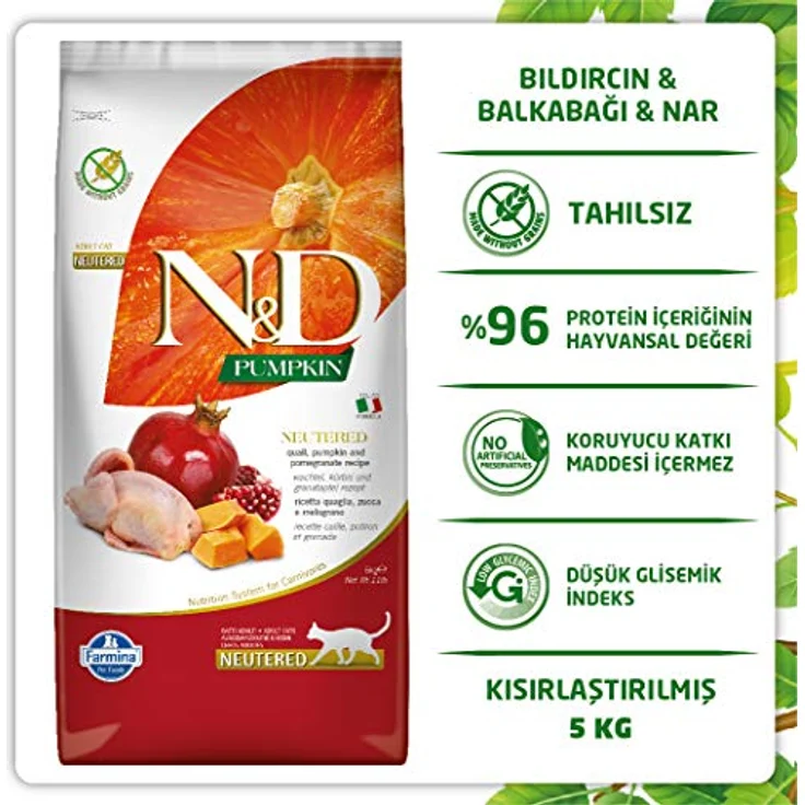 Farmina N&D Kürbis Kastrierte Wachtel, Trockenfutter mit Kürbis und Granatapfel, 5kg – Bild 3