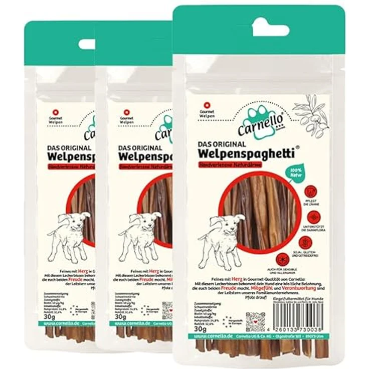 Carnello Welpenspaghetti, getreidefreier Hundesnack für kleine Hunde, wiederverschließbarer Beutel (3 x 30g) – Bild 1