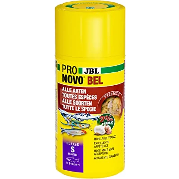 JBL PRONOVO BEL FLAKES S, Prebiotisches Hauptfutter für Aquarienfische, 2 % Knoblauchanteil, 100 ml, für Fische 3-10 cm