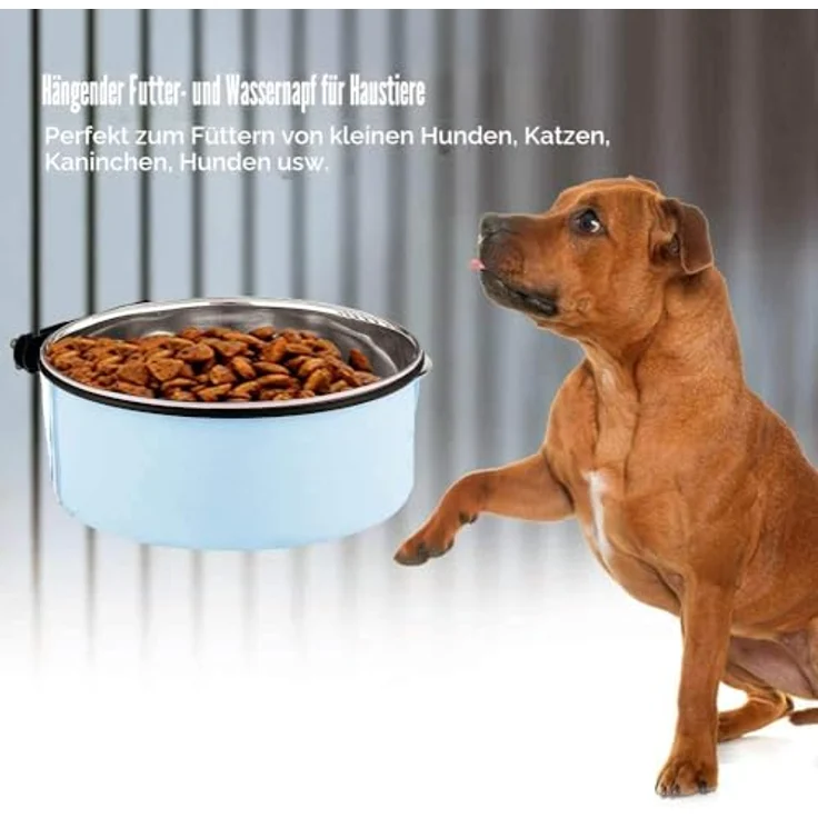 SUOXU Wassernapf für Hundekäfige, 2-in-1 Futternapf zum Aufhängen, Edelstahl, mittelgroß, blauer 1,7 l Napf – Bild 5