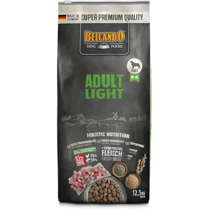 BELCANDO Adult Light, Trockenfutter für übergewichtige Hunde, Alleinfuttermittel, 12,5 kg, mit 30% frischem Geflügel, hoher Rohfaseranteil, hergestellt in Deutschland