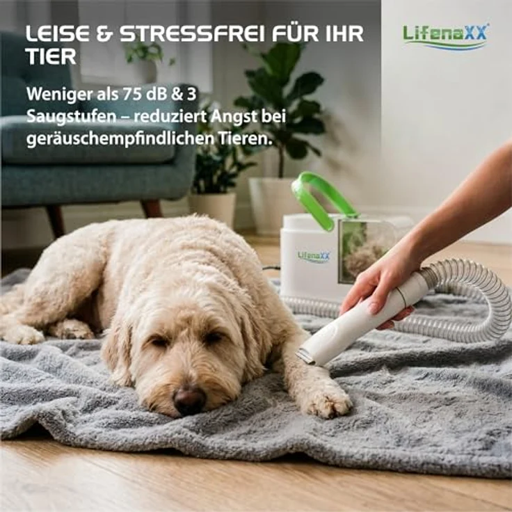 Lifenaxx Haustierpflege Set LX-052, 6-in-1 Tierhaarschneider mit Vakuumfunktion, leise, für Hunde & Katzen, inkl. HEPA-Filter, Trimmer, Entfilzungsbürste und Massageaufsatz – Bild 4