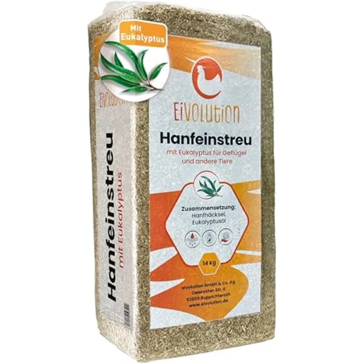 eivolution Hanfeinstreu mit Eukalyptus 14 kg - Staubfrei, hochsaugfähig und natürlich kompostierbar für Hühner & Pferde