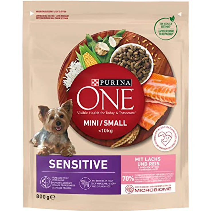 PURINA ONE Mini/Small Delicate Hundefutter trocken für kleine Hunde, reich an Lachs und Reis, 8er Pack (8 x 800g) mit Omega 3 Fettsäuren und natürlichen Präbiotika – Bild 1