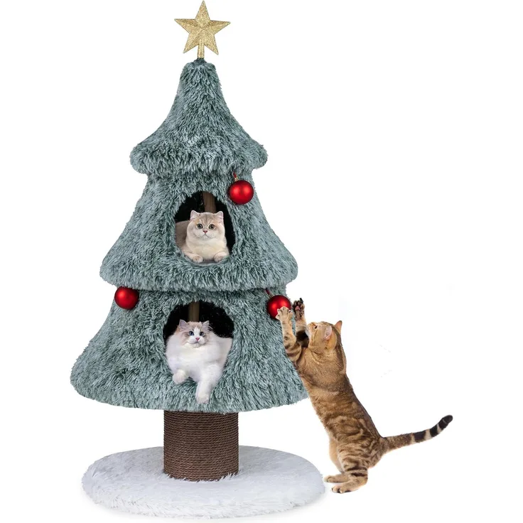 GOPLUS Kratzbaum Weihnachten 123 cm, Katzenturm mit 2 Höhlen & Sisal-Kratzsäulen, für große & kleine Katzen, Grün