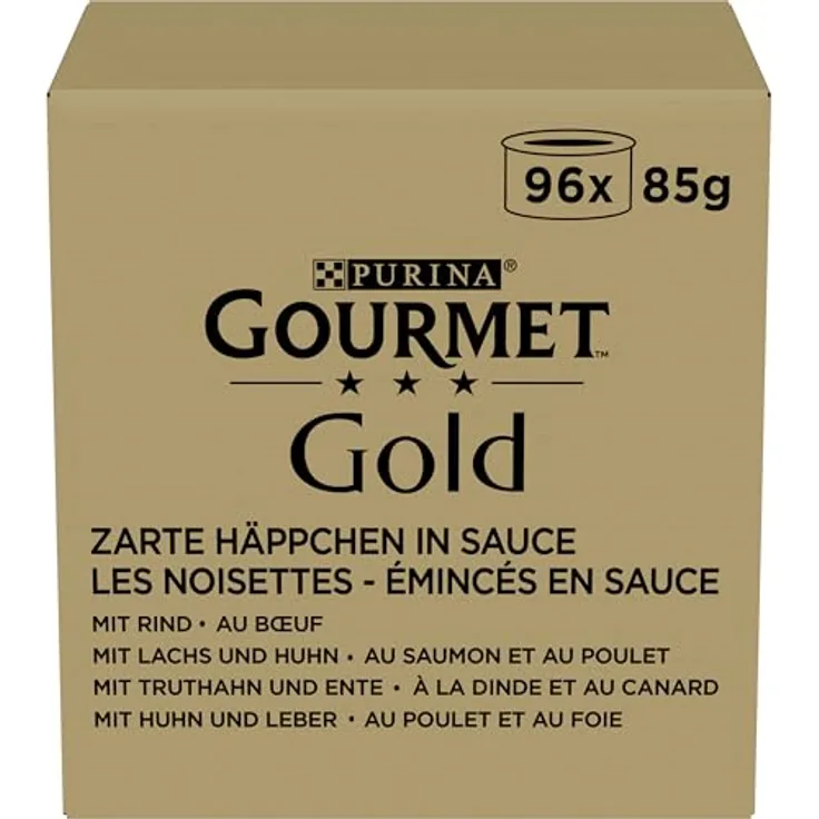 Gourmet Gold Zarte Häppchen in Sauce Katzenfutter nass, Sorten-Mix, 4 x 24 Dosen à 85g, Rind, Truthahn & Ente, Lachs & Huhn, Huhn & Leber