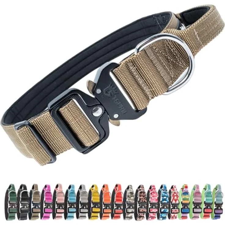 TSPRO Premium Hundehalsband mit Griff, Dickes verstellbares taktisches Halsband mit Schnellverschluss Metallschnalle für mittelgroße bis große Hunde, Khaki L – Bild 1