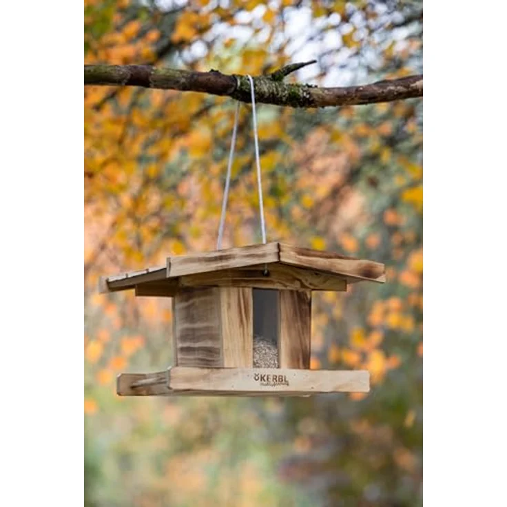Kerbl Hobbyfarming 87044 Vogelfutterhaus, aus witterungsbeständigem Holz mit Glasscheibe zur Füllstandsanzeige, reißfester Kordel und Sitzstange für Vögel, natürliche Optik – Bild 2