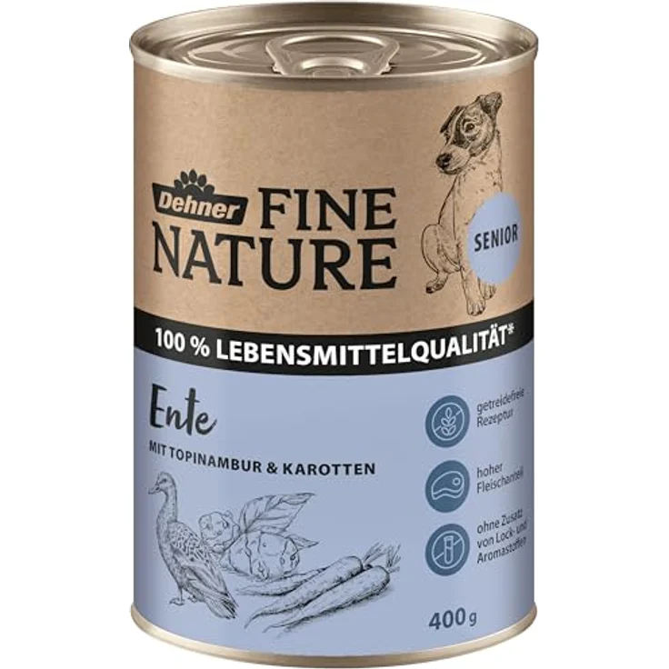 Dehner Fine Nature Hundefutter, Nassfutter in Lebensmittelqualität für ältere Hunde, Ente mit Topinambur und Karotten, 6 x 400 g Dose (2.4 kg) – Bild 2