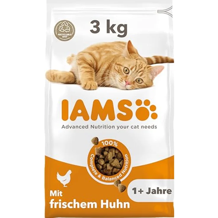 IAMS Trockenfutter für Katzen mit Huhn, 3 kg - Alleinfutter für Katzen 1-6 Jahre, reich an tierischen Proteinen, weizenfrei, unterstützt gesunde Haut und glänzendes Fell – Bild 1