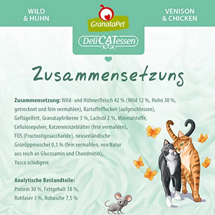 GranataPet DeliCatessen Adult Wild & Huhn, 9 kg, Getreidefreies Katzen-Trockenfutter mit Lachsöl und Granatapfelkernen – Bild 4