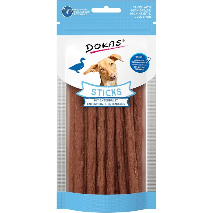 Dokas Sticks mit Entenbrust, Entenherz und Entenleber, 60g, Hundesnack mit natürlichem Kollagen
