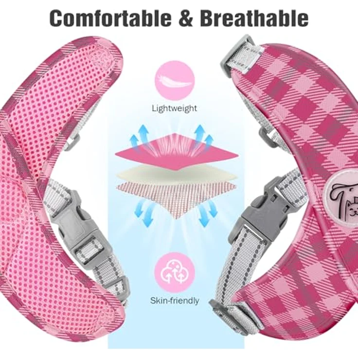 Pawaboo Hundegeschirr mit Hundeleine Set, Verstellbares Anti-Zug X-Rahmen Brustgeschirr für Kleine und Mittelgroße Hunde, M, Rosa Kariert – Bild 5