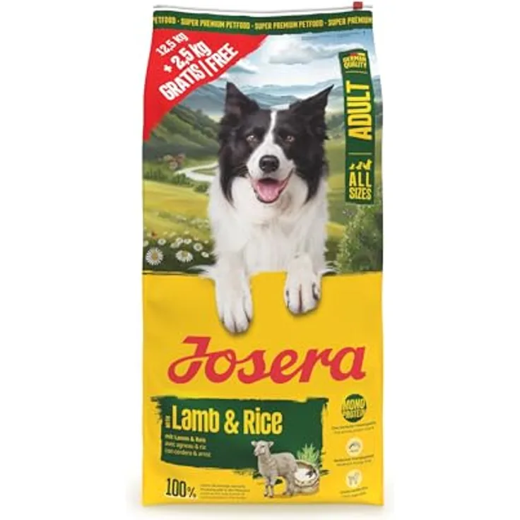 JOSERA Adult Lamm & Reis, Premium Trockenfutter für ausgewachsene Hunde, Monoprotein 100% Lamm, proteinarm & fettreduziert, glutenfrei, 12,5 + 2,5 kg Paket