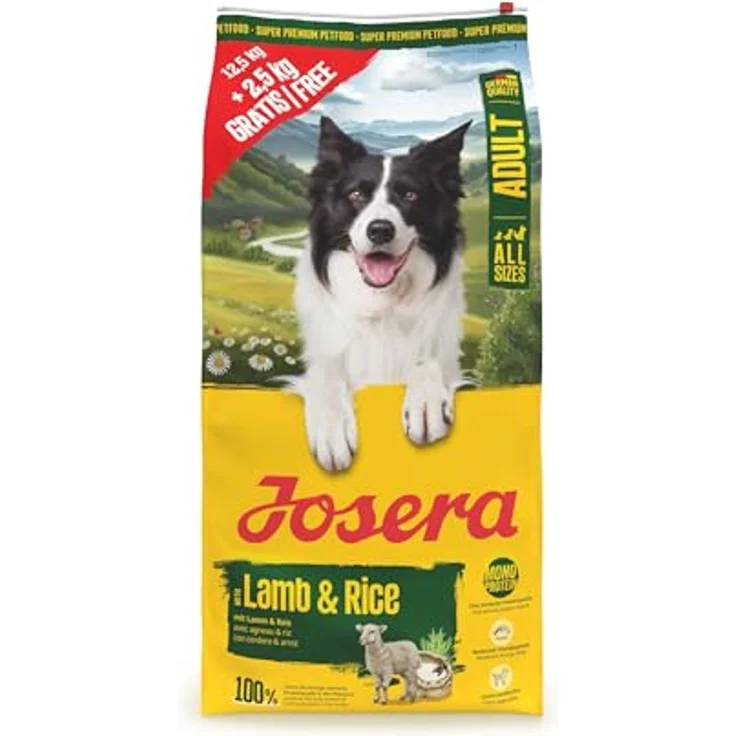 JOSERA Adult Lamm & Reis, Premium Trockenfutter für ausgewachsene Hunde, Monoprotein 100% Lamm, proteinarm & fettreduziert, glutenfrei, 12,5 + 2,5 kg Paket
