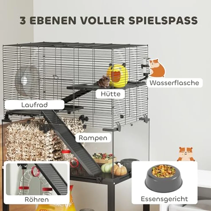 PawHut Hamsterkäfig 360°-Sicht, transparenter Nagerkäfig mit 3 Etagen, Röhrensystem, Hütte, Rampen und Rollen, 77 x 49 x 130,5 cm, Schwarz – Bild 3
