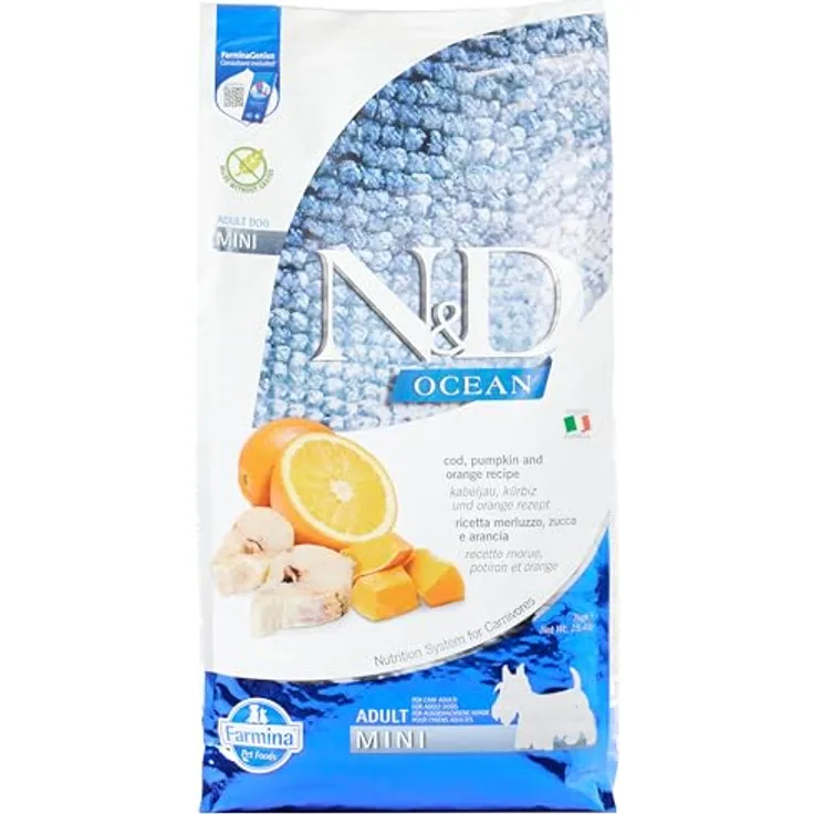 Farmina N&D Ocean Adult Mini Pellets Hundefutter, Trockenfutter mit Kabeljau und Orange, reich an Vitaminen, 7 kg
