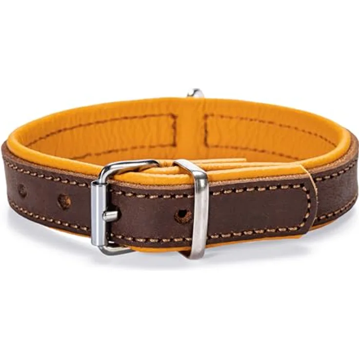 Karlie Rondo Hundehalsband, Breit, Braun/Cognac, Leder mit weichem Nappaleder und verchromten Beschlägen, 57x3,2 cm