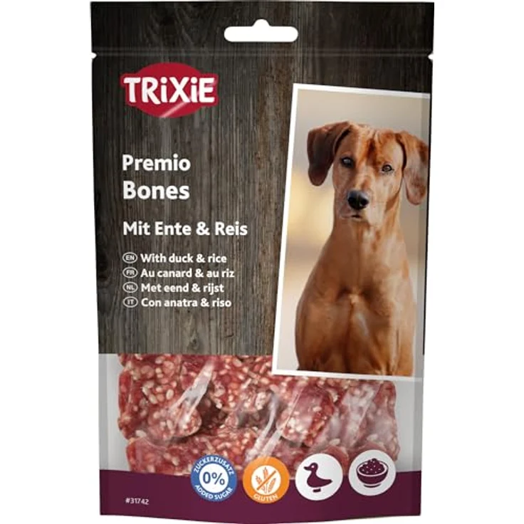 Trixie PREMIO Rice Duck Bones, glutenfreier Hundesnack mit 84% Fleischanteil, 80g, im wiederverschließbaren Beutel – Bild 1