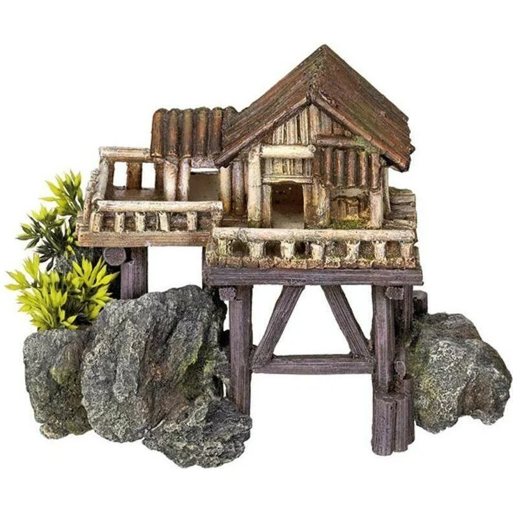 Nobby Aqua Ornaments HOLZHAUS mit Pflanzen, detailgetreue Aquarium Dekoration aus ungiftigem Polyresin, geeignet für Süss- und Meerwasseraquarien