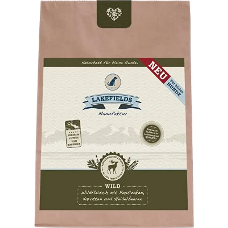 Lakefields Premium Trockenfleisch-Menü Wild für kleine Hunde, 100% Getreidefrei mit Pastinaken, Karotten und Heidelbeeren, 3 x 1 Kg