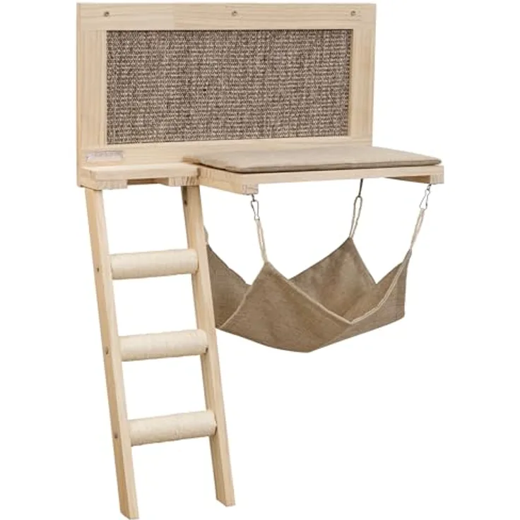 Kerbl Pet Liegebrett Timber, braun, 58x89 cm, stilvolle Wandmontage mit abnehmbarem Kissen und Sisal-Kratzmatte