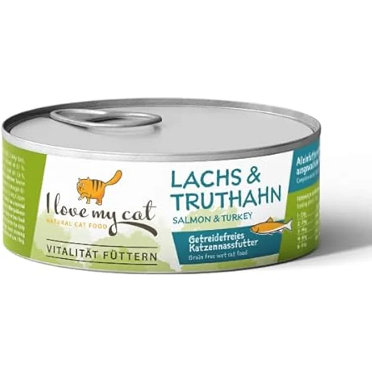 I love my cat NATURAL CAT FOOD I Love My Cat Sparset für ernährungssensible Katzen – Nassfutter Truthahn & Lachs, getreidefrei, 18 x 100 g + Vermal Pulver 35 g + Jutebeutel – Bild 2