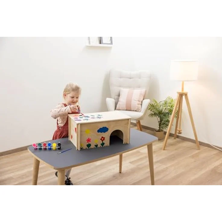 Kerbl Pet Nagerhaus zum Bemalen, Kleintierhaus aus Holz mit 2 versetzten Ein-/Ausgängen, bunt, 50x29x24cm, abnehmbares Dach, ideal für Kaninchen und Nagetiere – Bild 3