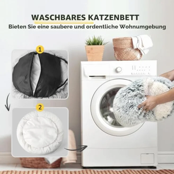 CATISM Katzenbett XL (60cm), Waschbar, Flauschiges Plüsch-Katzenschlafplatz mit Höhlendesign und rutschfestem Boden, Grau – Bild 5