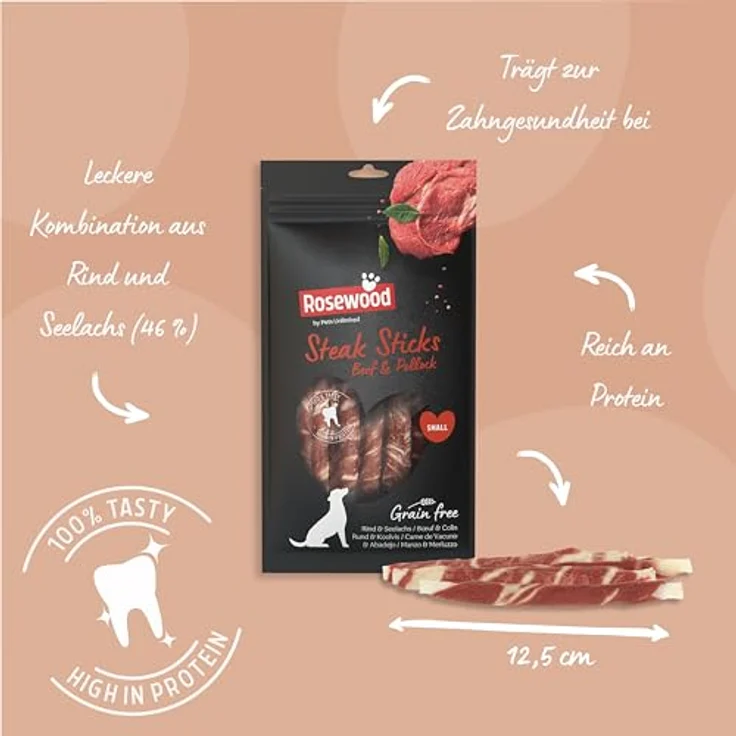 Rosewood Steak Sticks Rind & Seelachs Small, Kausnack aus Rinderhaut für Hunde, ohne Getreide, unterstützt die Zahnpflege, 90 g – Bild 4