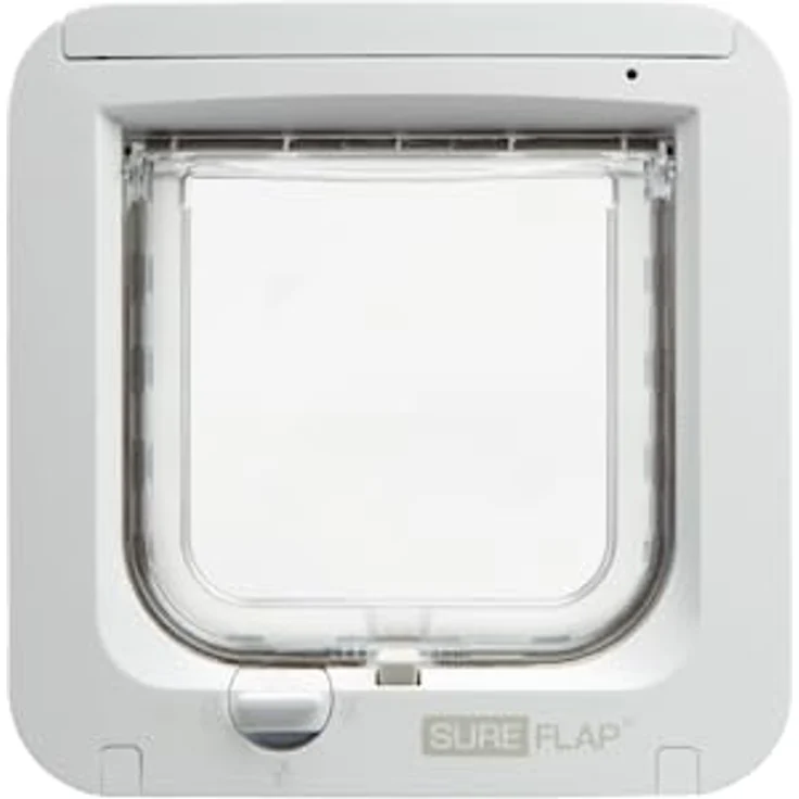 SureFlap Sure Petcare Mikrochip Katzenklappe, mit RFID-Halsbandanhänger, Ein-Tasten-Steuerung, weiß, batteriebetrieben (4 AA, nicht enthalten) – Bild 1