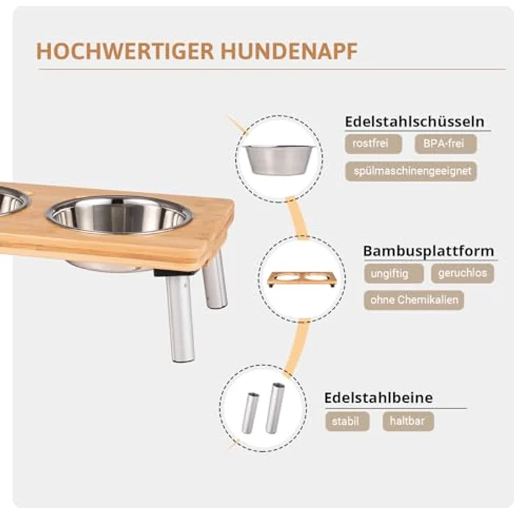 PEGGY11 Edelstahlnäpfe 2er Set, 480 ml - Erhöhte Futternäpfe mit rutschfesten Standfüßen für kleine Hunde und Katzen, stabiler Bambusständer – Bild 5