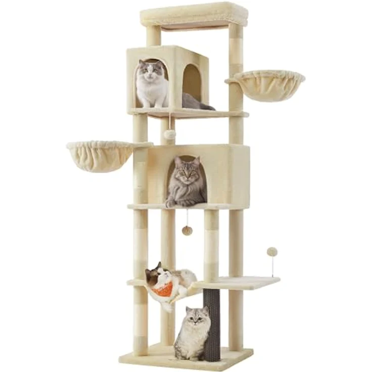 Feandrea Kratzbaum groß, 190,7 cm hoch, XXL, mehrstöckiger Katzenbaum mit 2 Höhlen, 2 Liegemulden, 5 Kratzsäulen, Katzenbürste, große Plattform, sandbeige – Bild 2