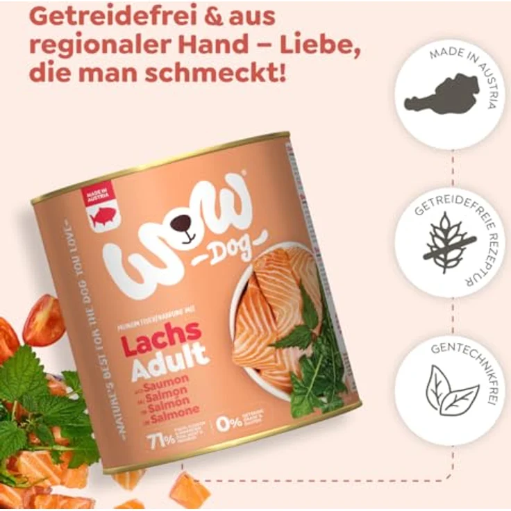 WOW Adult 6 x 800 g Lachs, Hundefutter mit hohem Fleischanteil, glutenfrei und ohne Zuckerzusatz, für alle Rassen – Bild 5