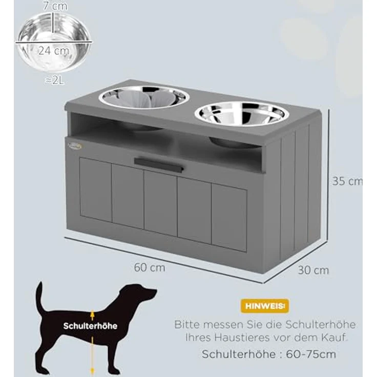 PawHut Futternapf Erhöhte Futterstation mit 2 Edelstahlschüsseln, Anti-Schling-Matte, Edelstahl, für große und extra große Hunde, Grau – Bild 8