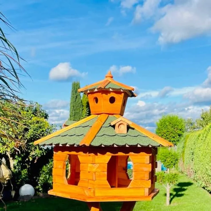 DARLUX handgefertigtes Sechseck Vogelhaus aus Holz, wetterfest, Größe XXL ohne Ständer, Grün - Braun, Futterhaus mit Bitumschindeldach – Bild 5