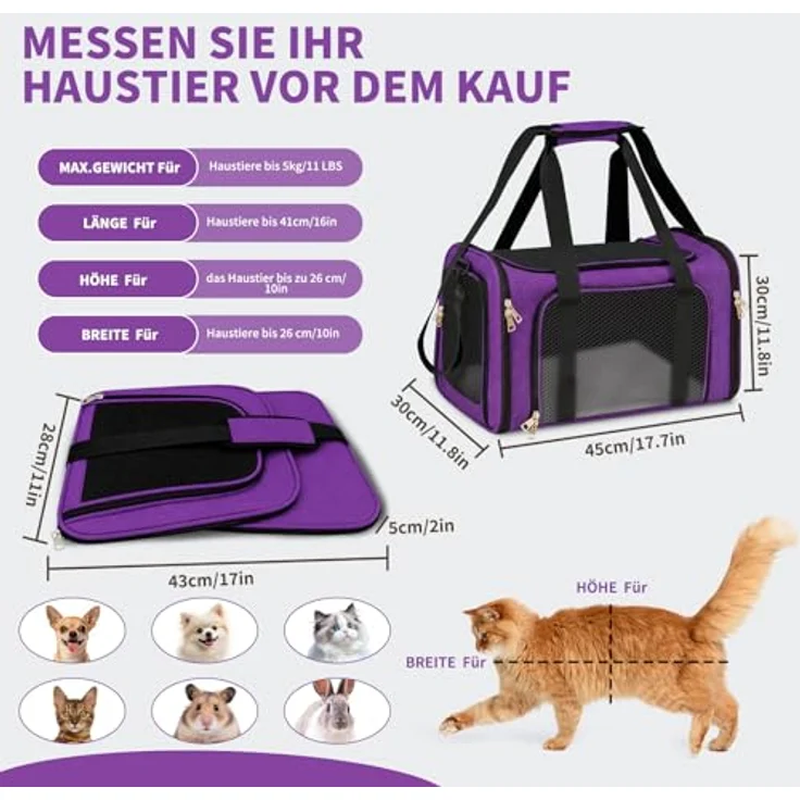 Aipwerer Faltbare Katzen Transportbox, Atmungsaktiv, 2 Größen (M/L) für Katzen bis 8 kg, mit gepolsterten Griffen und verstellbarem Schultergurt – Bild 2