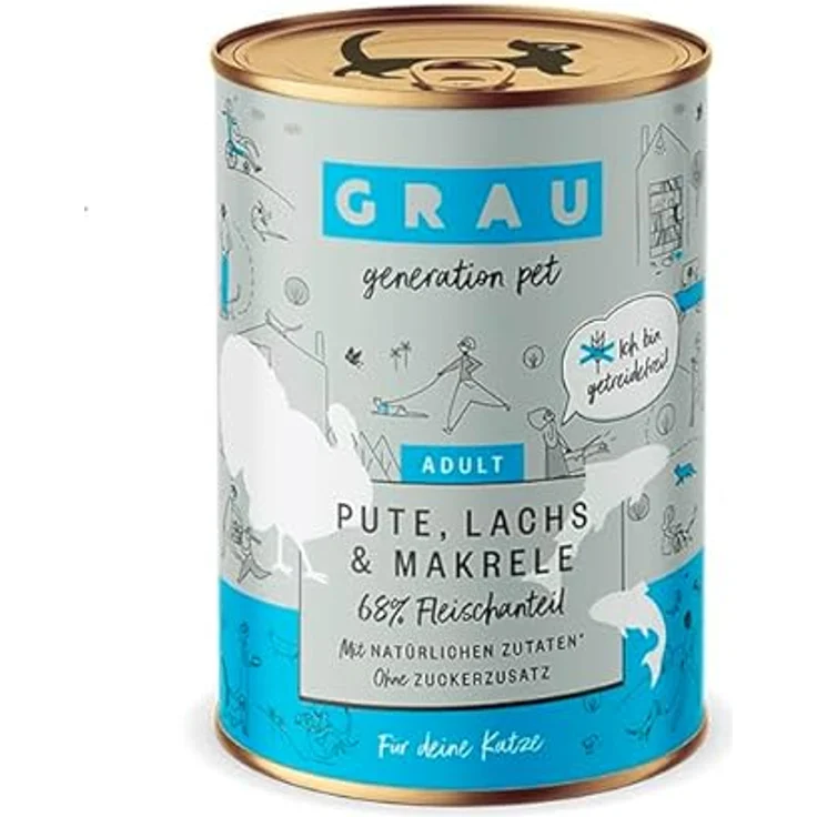 GRAU Nassfutter für Katzen - Pute, Lachs, Makrele, 6er Pack (6 x 400 g), getreidefrei, reich an Omega-3- und Omega-6-Fettsäuren, für Erwachsene Katzen – Bild 1