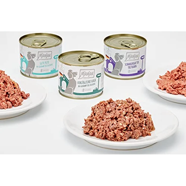 MjAMjAM Premium Nassfutter für Hunde Mixpaket II, mit Huhn & Ente, Rind, Pute, Kalb, Truthahn, Lamm, 6er Pack (6 x 200 g), naturbelassen, glutenfrei, extra hoher Fleischanteil – Bild 3
