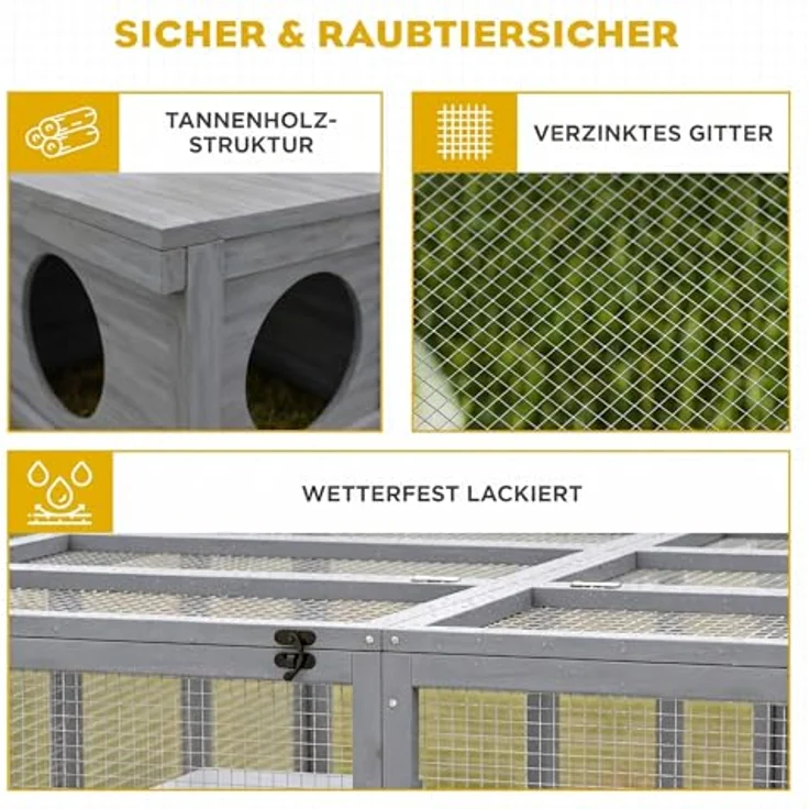 PawHut Kleintierstall Kaninchenstall für 2-4 Zwergkaninchen, Holz mit 2 Türen und Unterstand, 180,4 x 150 x 48 cm, Grau – Bild 5